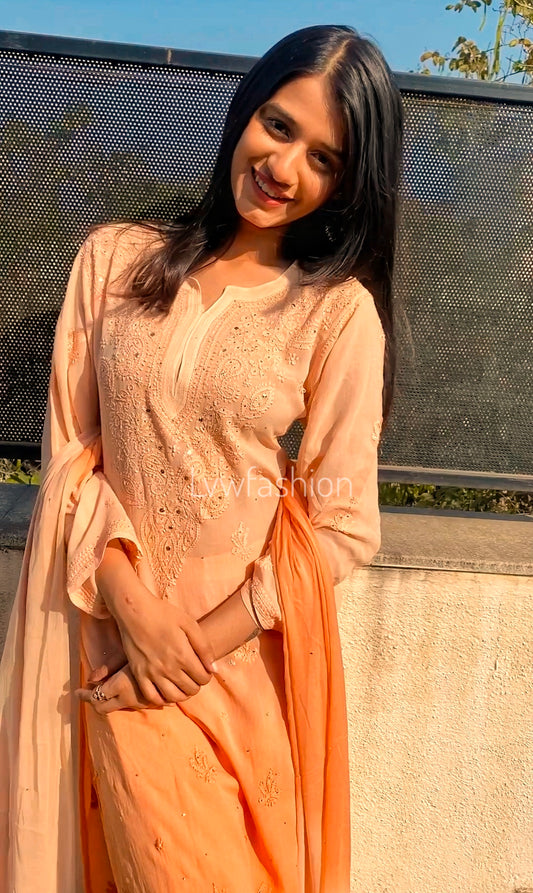 Powder Peach premium georgette kurta with long neck booties and silk slip, luxurious Chikankari by LVW Fashion.