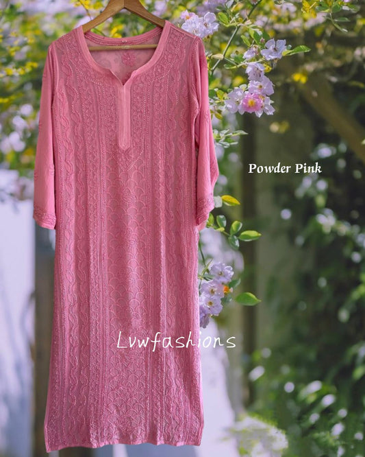 Powder pink premium georgette Chikankari kurti with resham embroidery from LVW Fashion Luxurious Chikankari collection.
