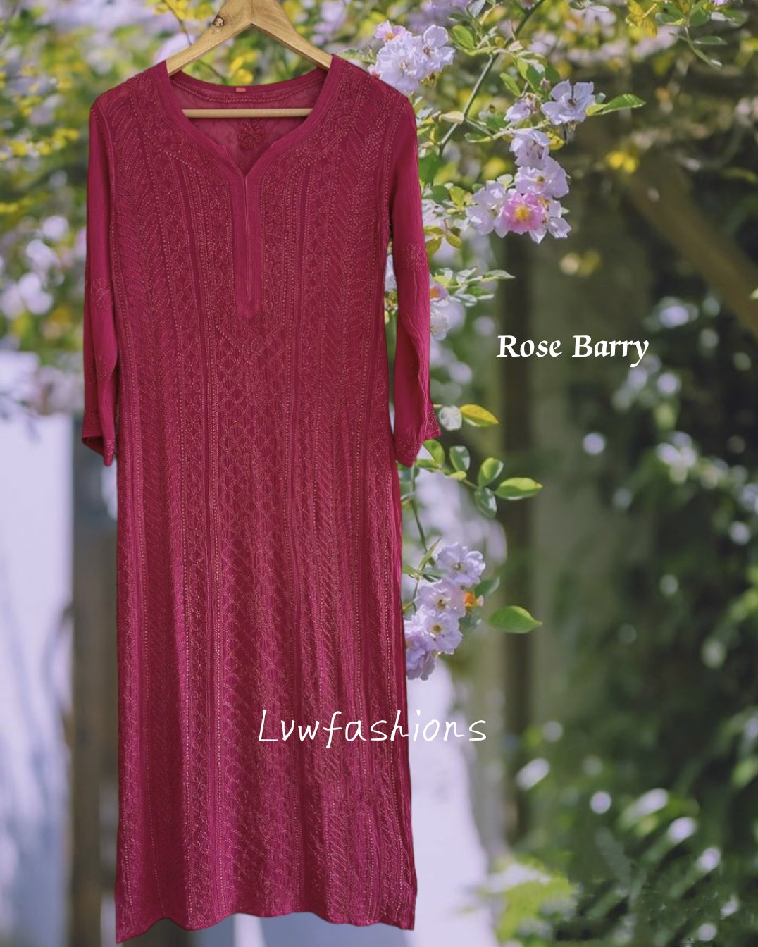 Powder pink premium georgette Chikankari kurti with resham embroidery, by LVW Fashion Luxurious Chikankari.