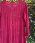 Powder pink premium georgette Chikankari Kurti with Resham embroidery from LVW Fashion, showcasing intricate hand-stitched chikankari details.