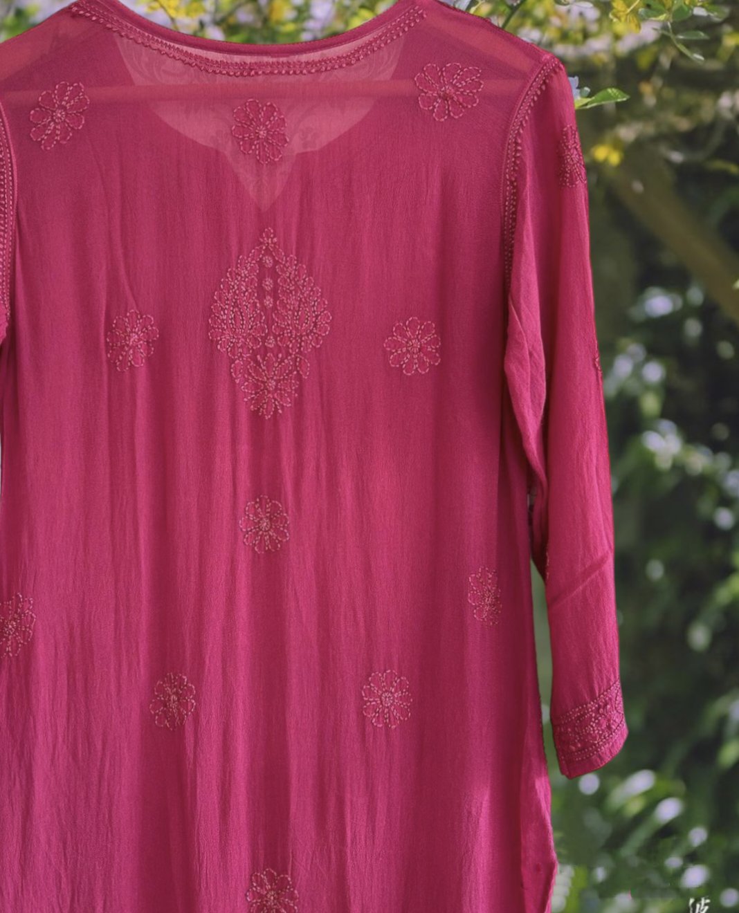 Powder pink premium georgette Chikankari Kurti with Resham embroidery from LVW Fashion, showcasing intricate hand-stitched chikankari details.