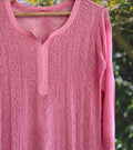 Powder pink premium Georgette Chikankari Kurti with Resham embroidery from LVW Fashion, showcasing intricate hand-embroidery details.