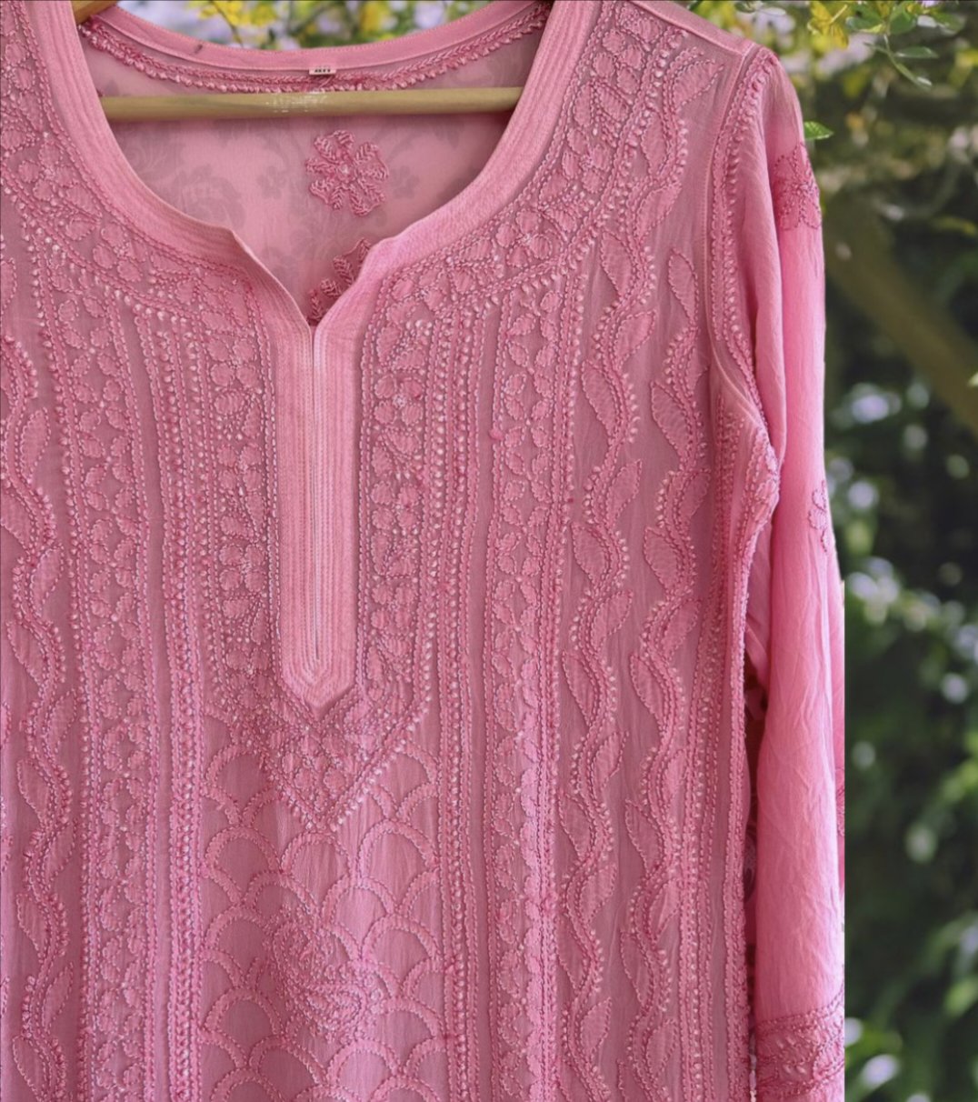 Powder pink premium Georgette Chikankari Kurti with Resham embroidery from LVW Fashion, showcasing intricate hand-embroidery details.