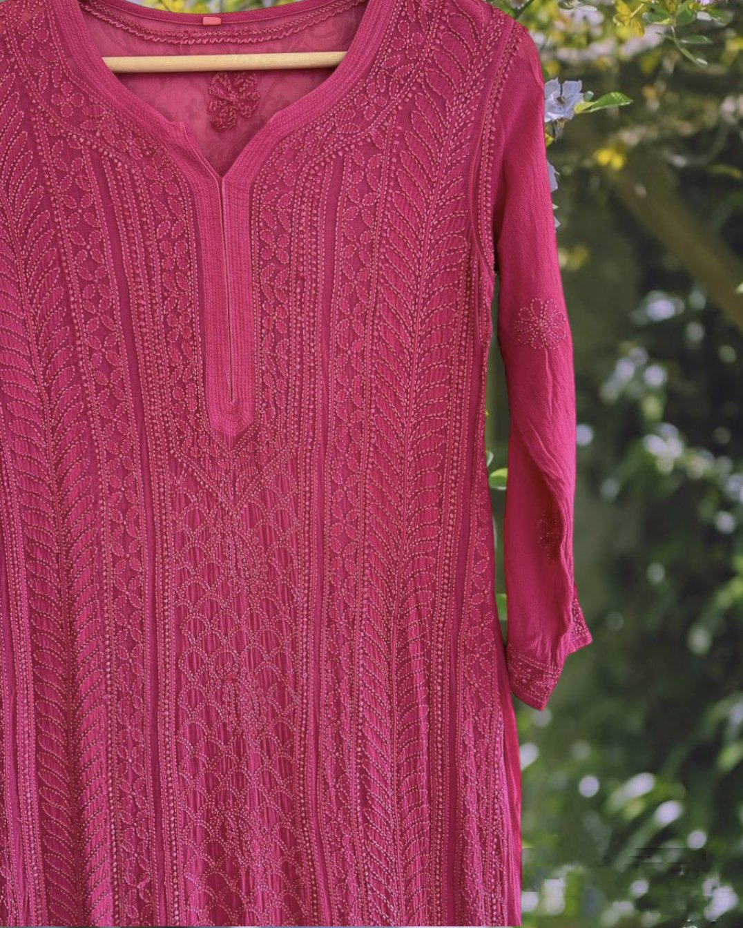 Powder pink premium georgette Chikankari kurti with Resham embroidery, crafted by LVW Fashion Luxurious Chikankari.