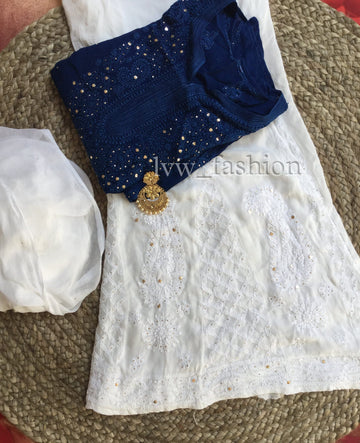 Luxurious blue and white kurta set by LVW Fashion with intricate chikankari embroidery, perfect for traditional occasions.