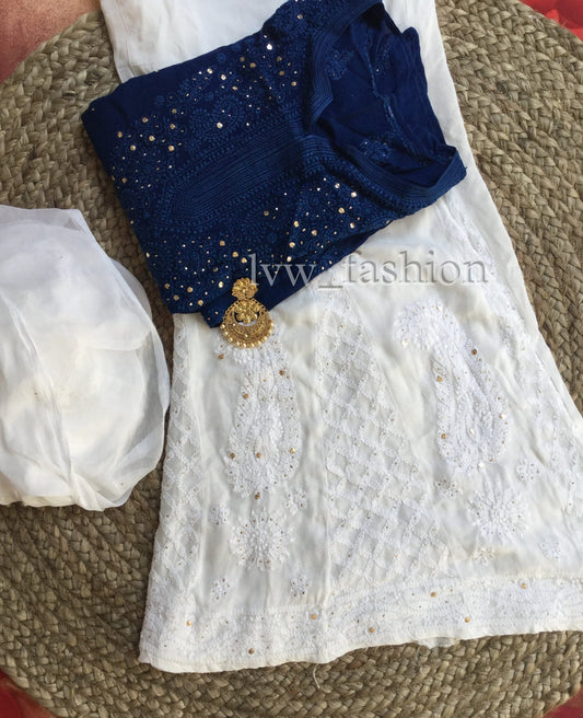 Blue and white kurta set with intricate chikan embroidery, from LVW Fashion Luxurious Chikankari collection.