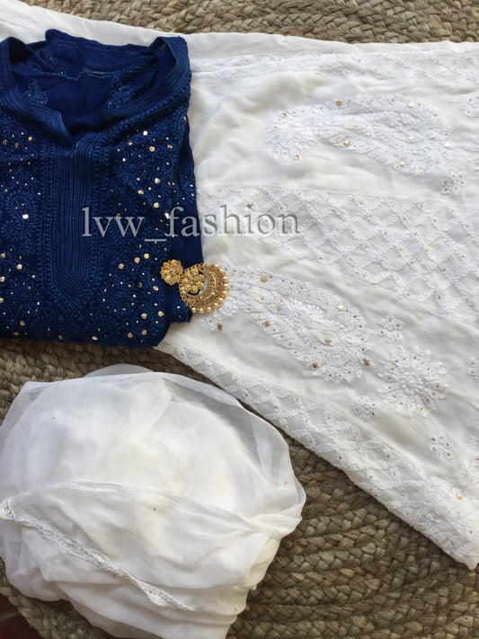 Blue and white Kurta set by LVW Fashion with intricate Chikankari embroidery, featuring traditional design and elegant craftsmanship.