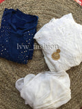 Blue and white kurta set by LVW Fashion Luxurious Chikankari, featuring intricate embroidery and traditional design.