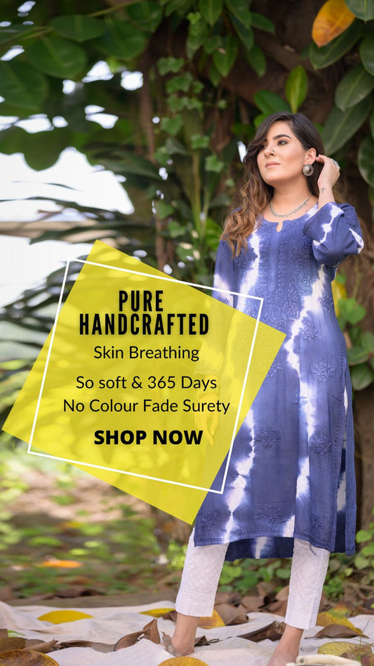 Blue and white georgette Chikankari Kurti with inner from LVW Fashion, showcasing intricate embroidery and elegant design.