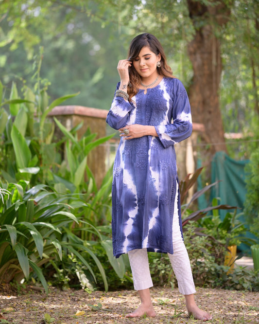 Blue and white georgette Chikankari kurti with intricate embroidery and matching inner, by LVW Fashion Luxurious Chikankari.