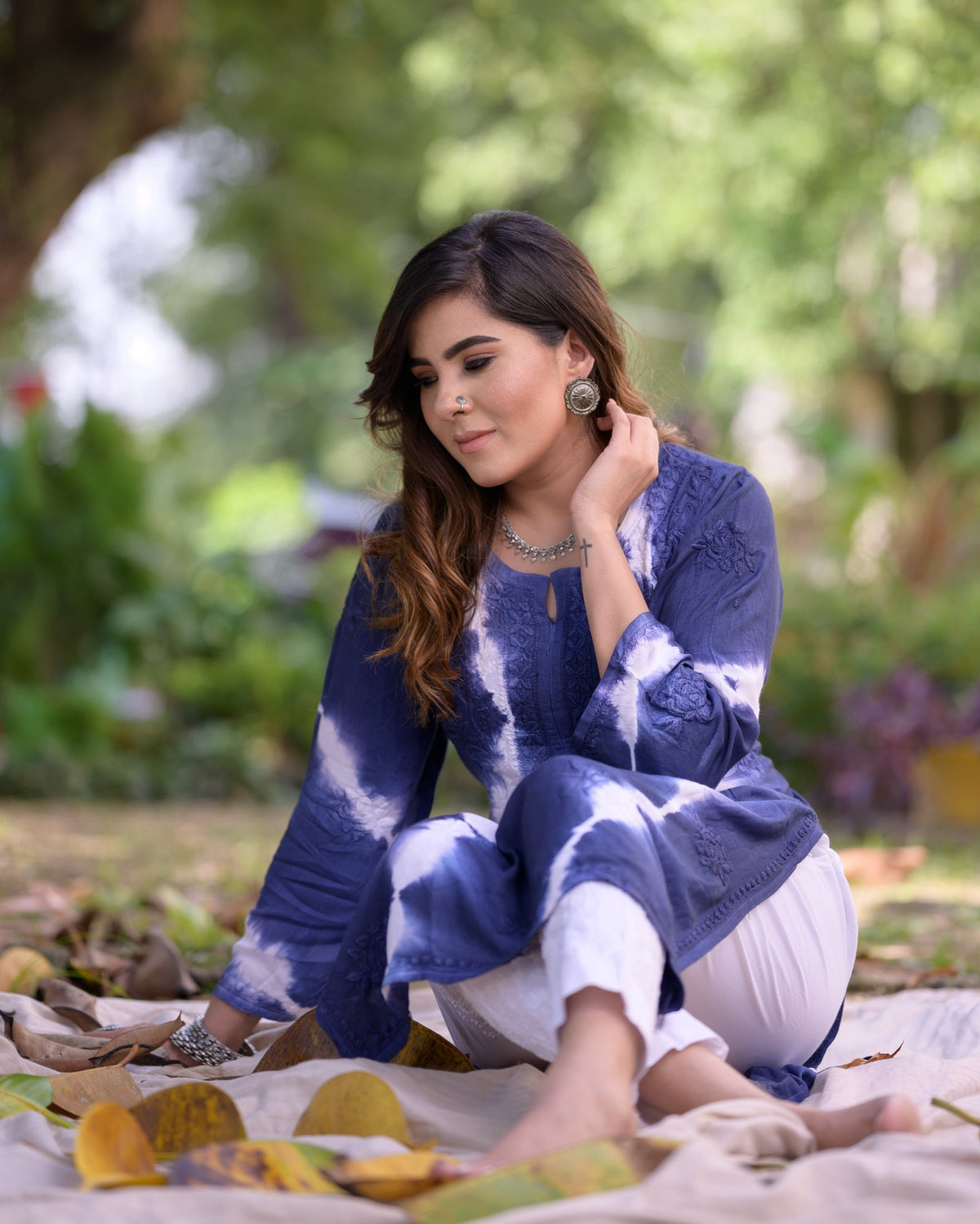 Premium blue and white georgette Chikankari Kurti with inner from LVW Fashion, showcasing intricate embroidery and lightweight fabric.