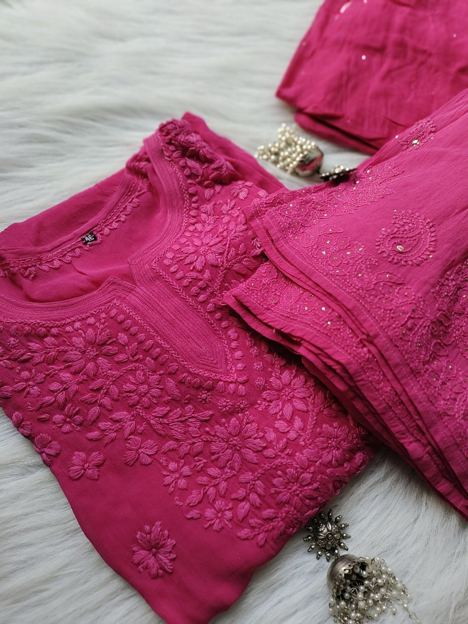 Premium Georgette Chikankari Gharara Kurti Set by LVW Fashion featuring intricate embroidery and a stylish traditional design.
