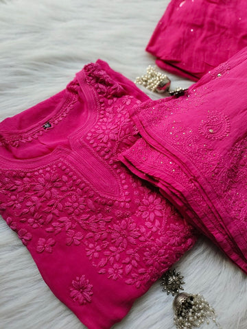 Premium Georgette Chikankari Gharara Kurti Set by LVW Fashion featuring intricate embroidery and a stylish traditional design.