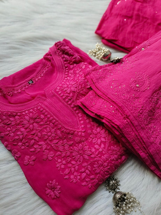 Premium Georgette Chikankari Gharara Kurti Set by LVW Fashion featuring intricate embroidery and a stylish traditional design.