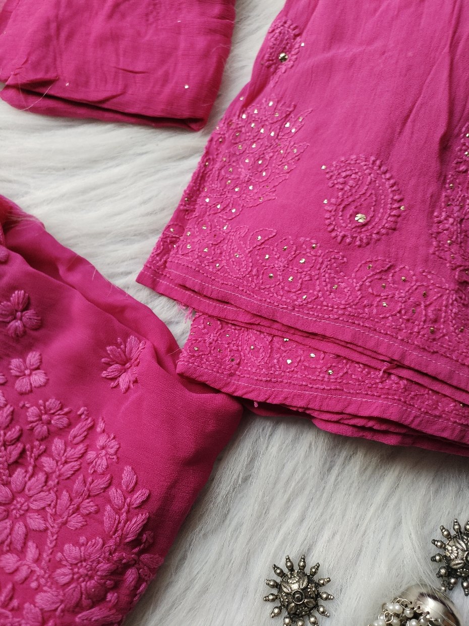 Premium Georgette Chikankari Gharara Kurti Set by LVW Fashion, featuring intricate embroidery and elegant traditional design.