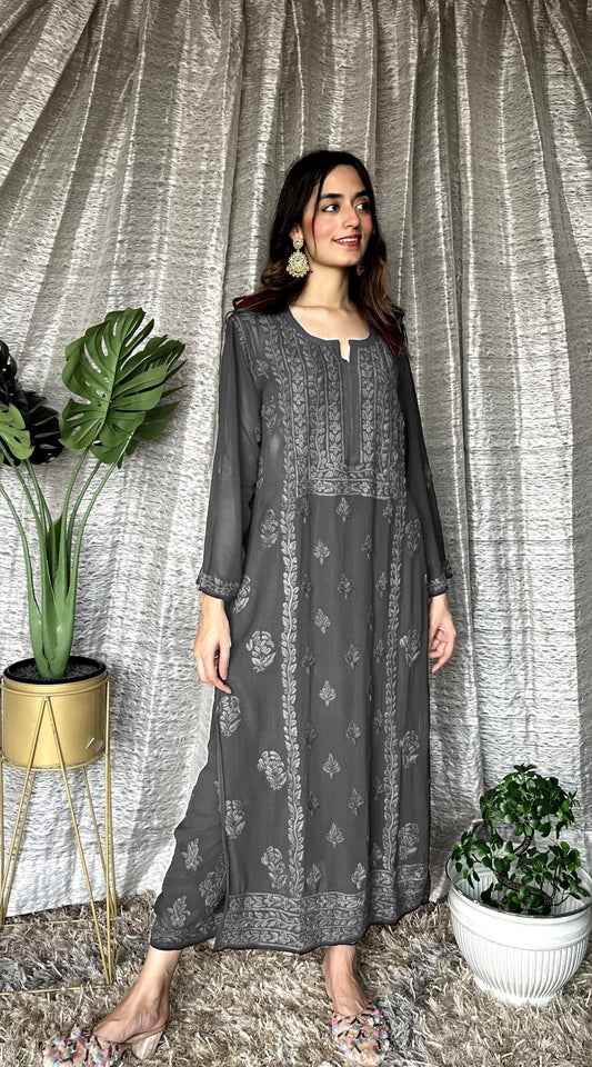 Premium grey Georgette Chikankari Kurta set by LVW Fashion, featuring intricate embroidery and elegant traditional design.