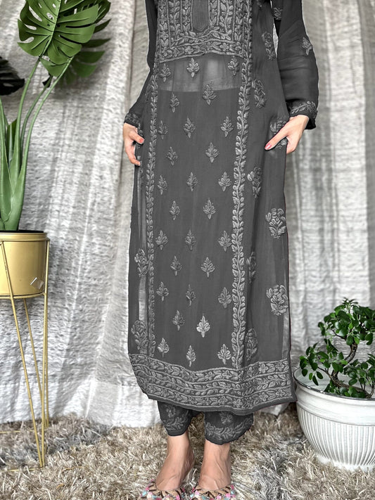 Grey georgette Chikankari kurta set by LVW Fashion, featuring intricate embroidery and a luxurious, elegant design.