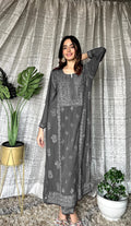 Grey georgette Chikankari kurta set by LVW Fashion Luxurious Chikankari, featuring intricate embroidery and a stylish design.