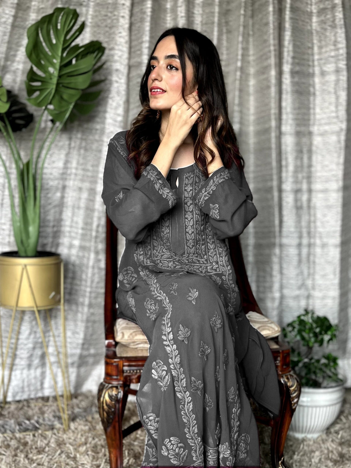 Premium grey georgette Chikankari kurta set by LVW Fashion, featuring intricate embroidery and elegant traditional design.