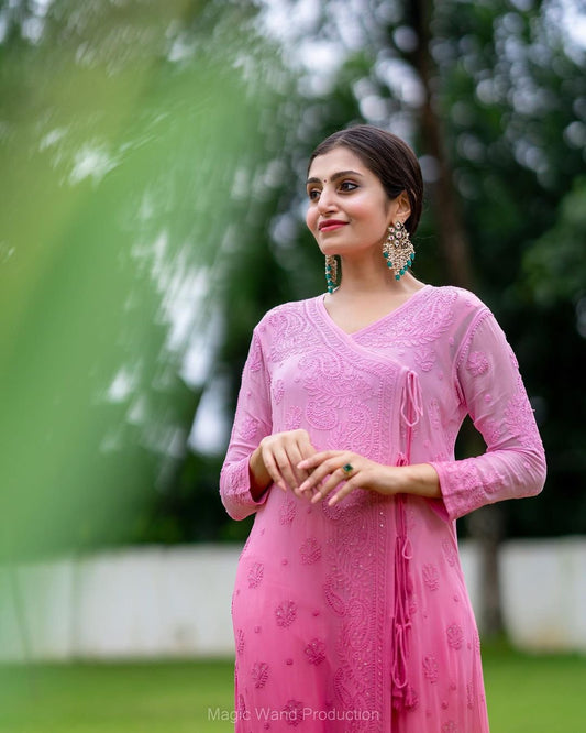 Pinkish ombre georgette Anarkha with intricate chikankari embroidery from LVW Fashion, showcasing luxurious traditional craftsmanship.