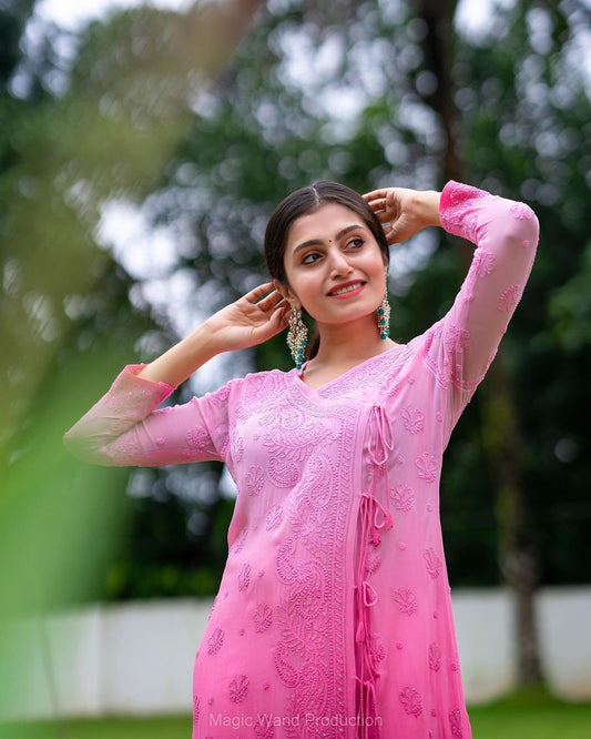 Pinkish ombre Georgette angarkha with intricate Chikankari embroidery, luxurious design by LVW Fashion.