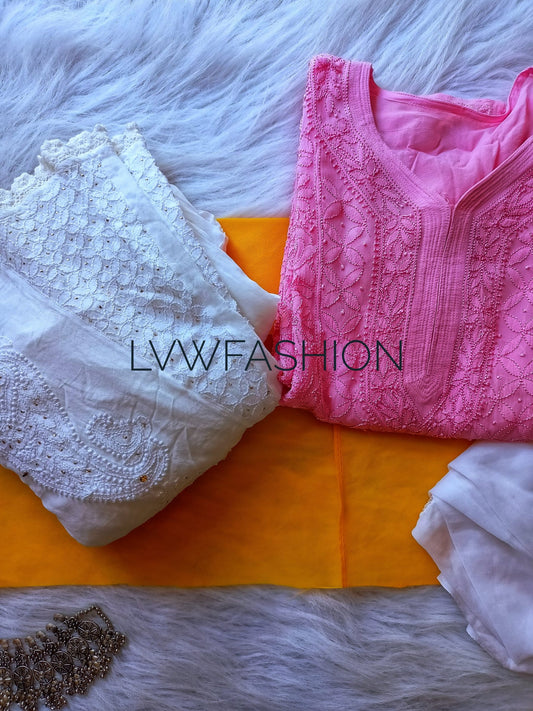 Luxurious pink and white georgette 3-piece set by LVW Fashion with intricate chikankari embroidery.