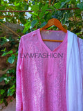 Premium pink and white georgette 3-piece set by LVW Fashion Luxurious Chikankari, featuring intricate embroidery and elegant design