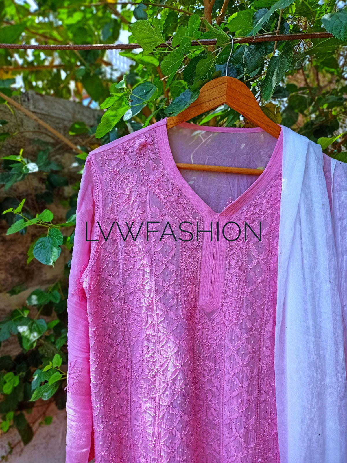 Premium pink and white georgette 3-piece set by LVW Fashion Luxurious Chikankari, featuring intricate embroidery and elegant design