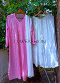 Luxurious pink and white georgette 3-piece set with chikankari embroidery by LVW Fashion, elegant and premium design.