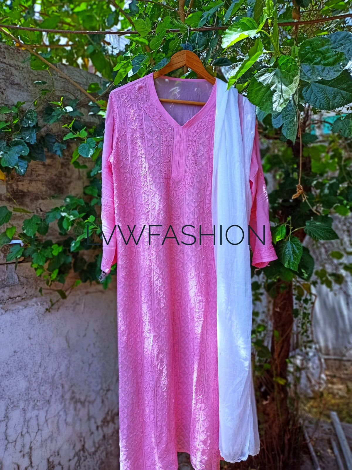 Premium pink and white georgette 3-piece set by LVW Fashion Luxurious Chikankari, featuring elegant traditional embroidery.