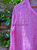 Premium pink and white georgette 3-piece set by LVW Fashion with intricate chikankari embroidery.