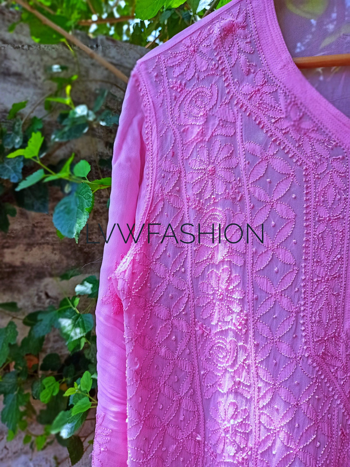 Premium pink and white georgette 3-piece set by LVW Fashion with intricate chikankari embroidery.