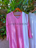 Luxurious LVW Fashion pink and white georgette 3-piece set with intricate chikankari embroidery.