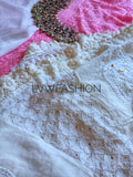 Premium pinkish and white georgette 3-piece set by LVW Fashion Luxurious Chikankari, featuring elegant fabric and intricate embroidery.