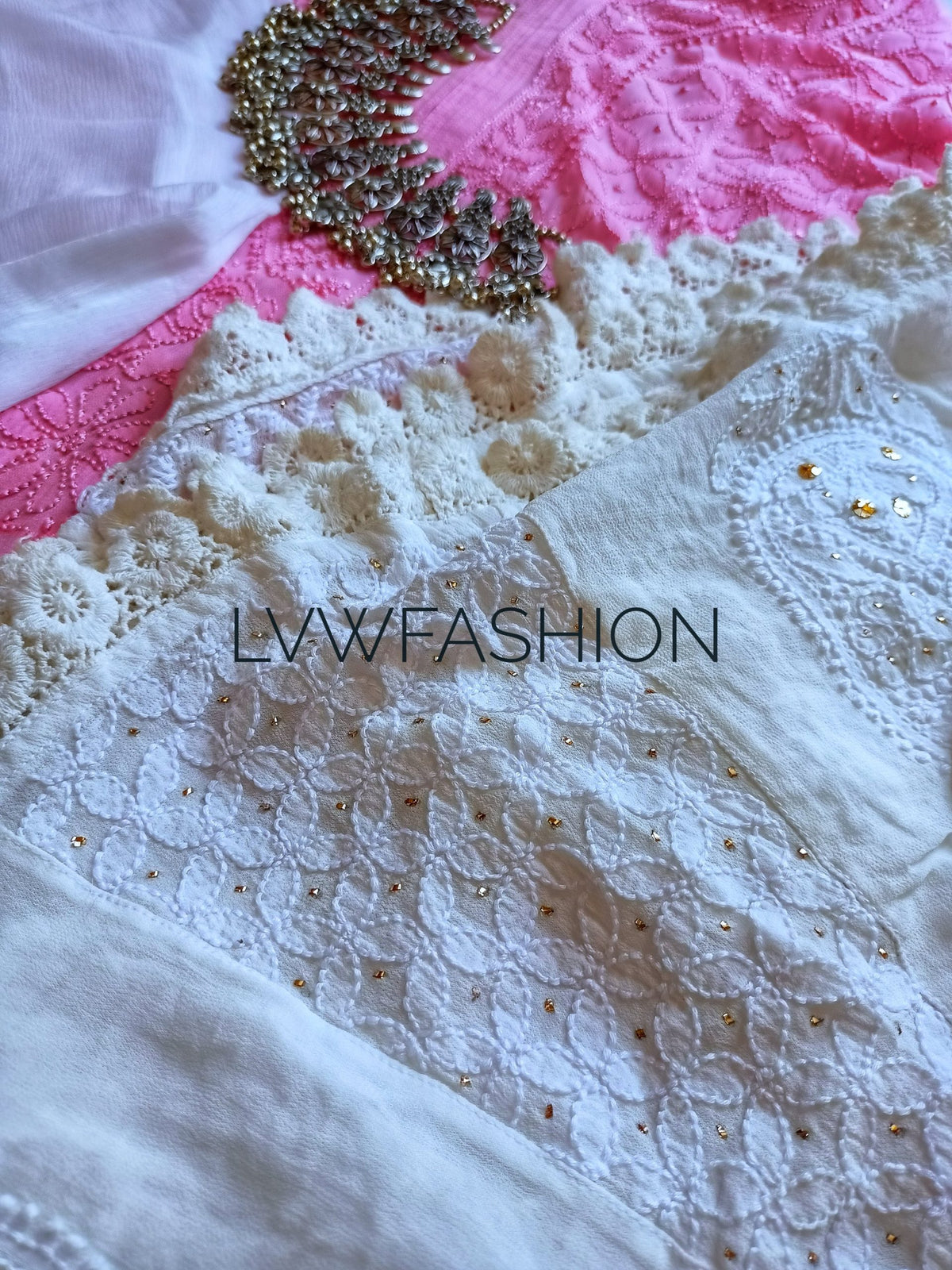 Premium pinkish and white georgette 3-piece set by LVW Fashion Luxurious Chikankari, featuring elegant fabric and intricate embroidery.