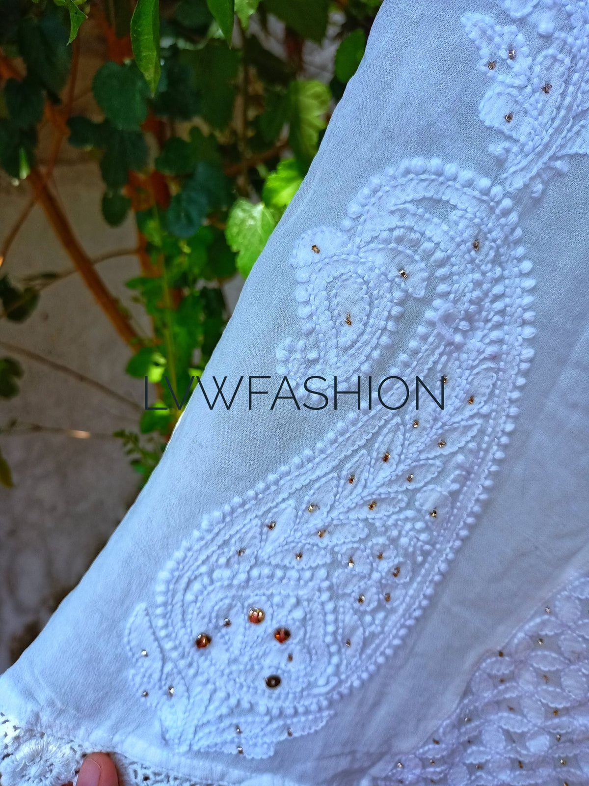 Premium pink and white georgette 3-piece set by LVW Fashion Luxurious Chikankari, featuring elegant traditional embroidery.