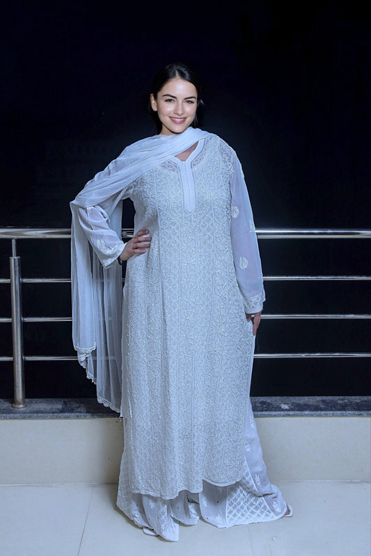 White Georgette Chikankari Kurti and Sharara set by LVW Fashion, featuring intricate embroidery and luxurious fabric.