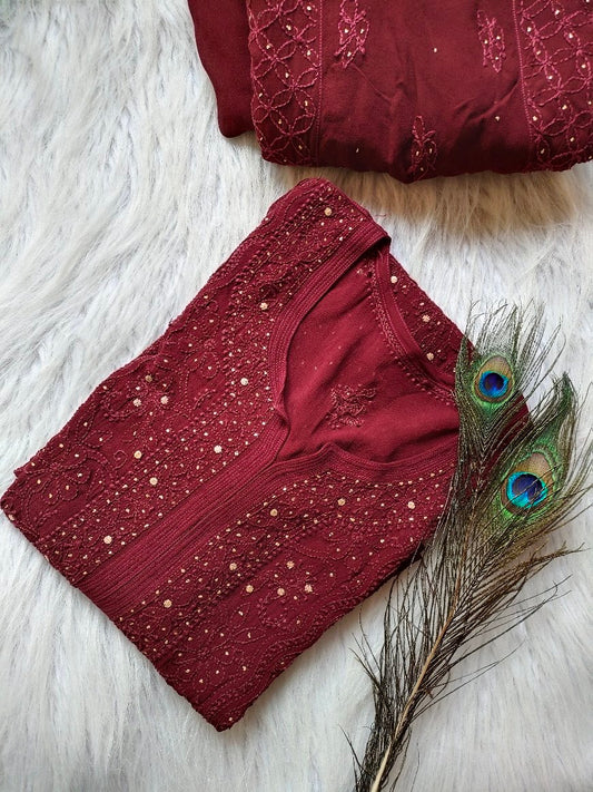 Prune-colored Prune Premium Georgette 3-piece set by LVW Fashion with intricate Chikankari embroidery on lightweight fabric.