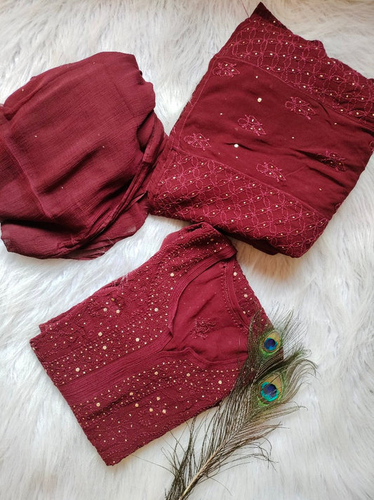 Prune premium georgette 3-piece set by LVW Fashion Luxurious Chikankari, featuring elegant traditional embroidery and lightweight fabric