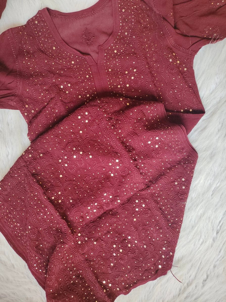 Prune-colored Prune Premium Georgette 3-piece set by LVW Fashion Luxurious Chikankari, featuring intricate embroidery and elegant design.