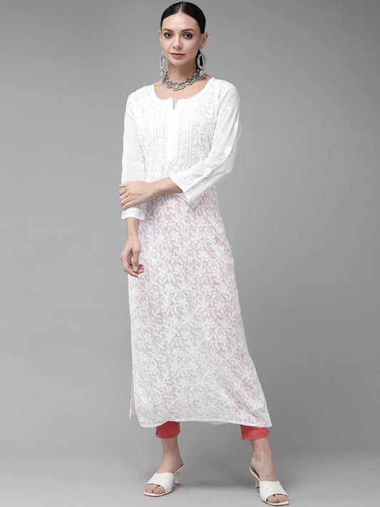 Pure white Resham embroidery Chikankari long kurta with slip from LVW Fashion Luxurious Chikankari, showcasing intricate embroidery details.