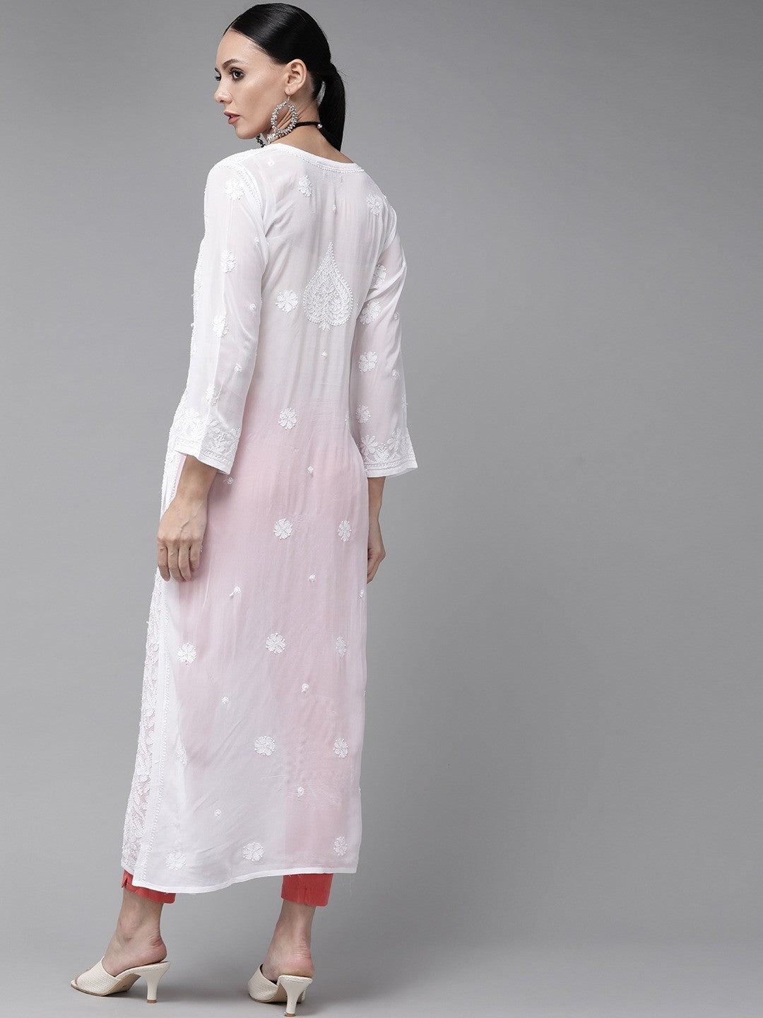 Pure white Resham embroidery Chikankari long kurta with slip by LVW Fashion, showcasing intricate hand-stitched embroidery and elegant design.
