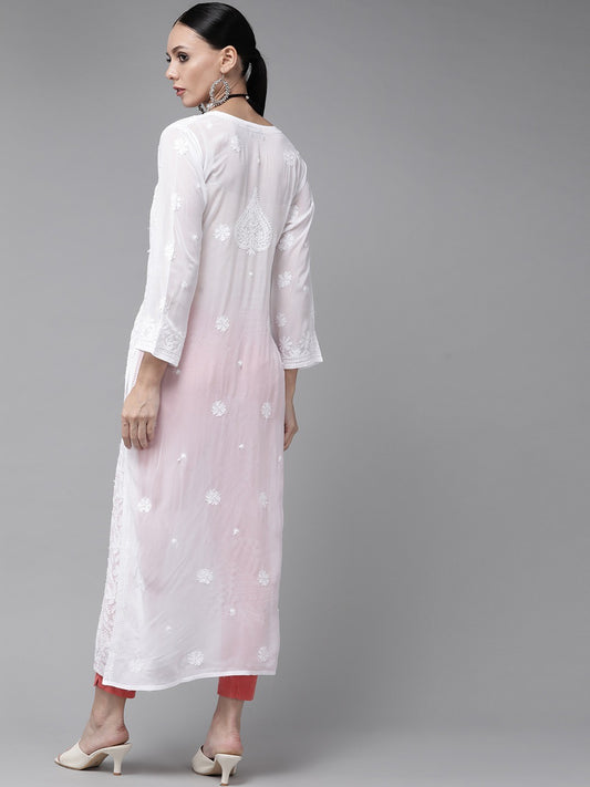 Pure white Resham embroidery Chikankari long kurta with slip by LVW Fashion, showcasing intricate hand-stitched embroidery and elegant design.