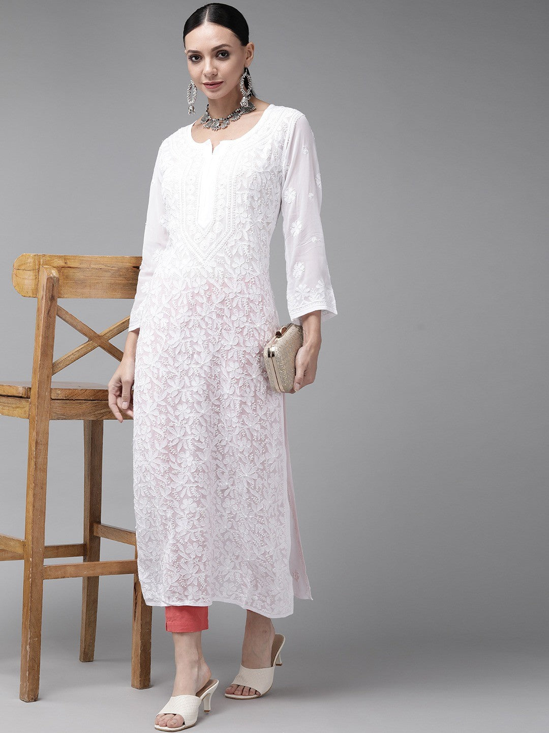 Pure white Resham embroidery Chikankari long kurta with slip by LVW Fashion, showcasing intricate hand-stitched designs and elegant fabric.