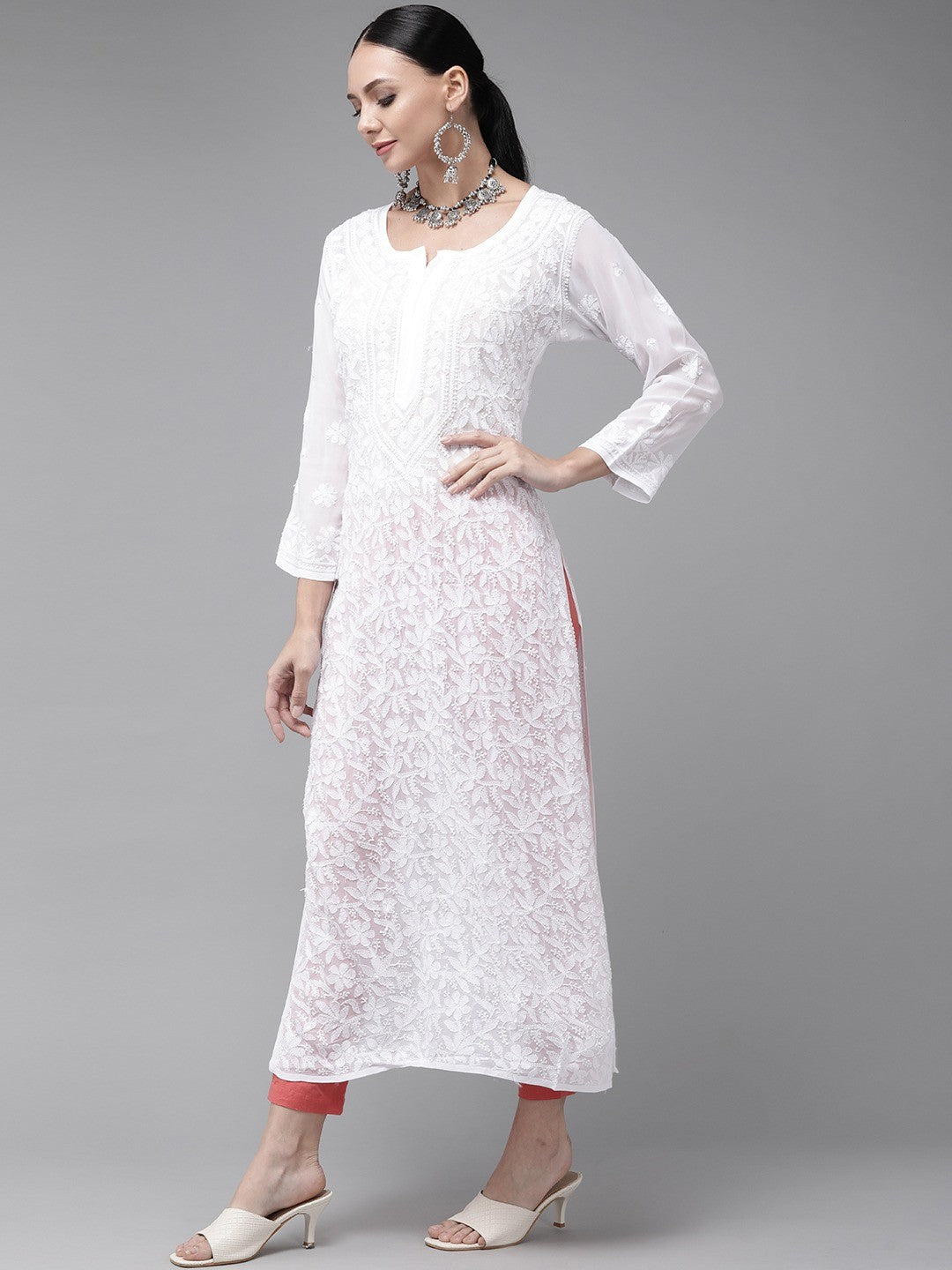 Pure white Resham embroidery Chikankari long kurta with slip by LVW Fashion, showcasing intricate hand-embroidery and elegant design.