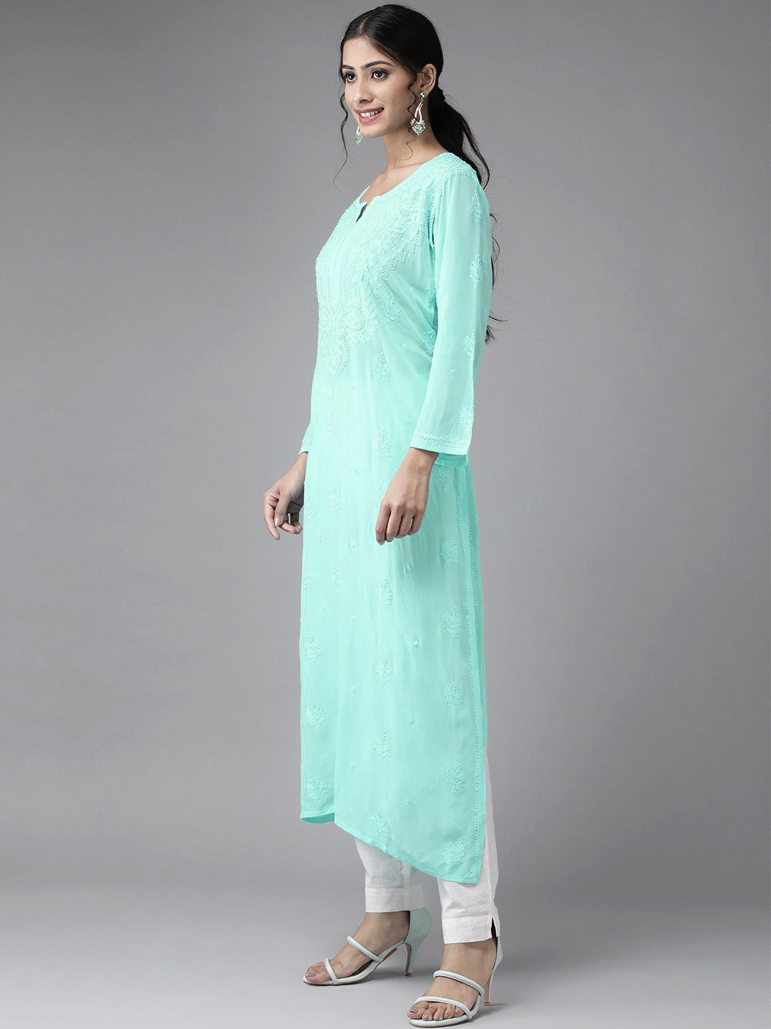 Rakul Inspired Look premium georgette kurta with intricate chikankari embroidery by LVW Fashion, displayed on a mannequin.