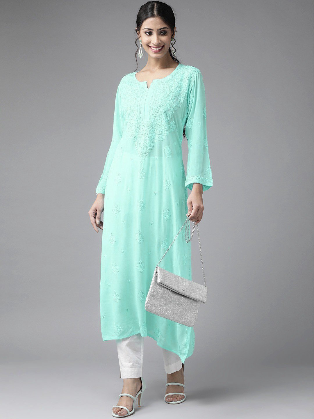 Rakul Inspired Look premium georgette kurta with intricate chikankari embroidery by LVW Fashion, showcasing elegant traditional design.