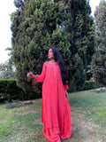 LVW Fashion Luxurious Chikankari Gharara Kamdani Kurta Set with intricate embroidery, four-piece design, worn by a model in vibrant Rani color.