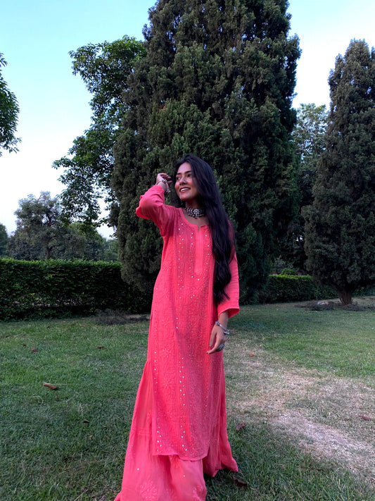 LVW Fashion Luxurious Chikankari Gharara Kamdani Kurta Set with intricate embroidery, featuring a vibrant Rani color and four-piece design.