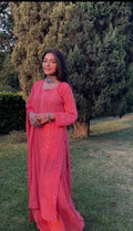 LVW Fashion Luxurious Chikankari Gharara Kamdani 4-piece Kurta Set with intricate embroidery in a vibrant Rani color.